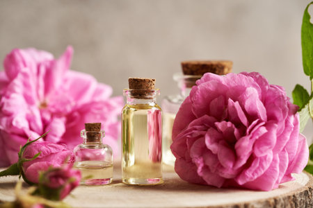 Transparent essential oil bottles with pink rose de Provence flowers on a table
