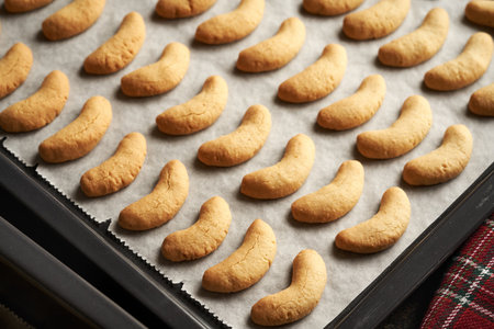 Baked sweet pastry on parchment paper - preparation of homemade vanilla crescents or Kipferl, homemade Christmas cookiesの写真素材