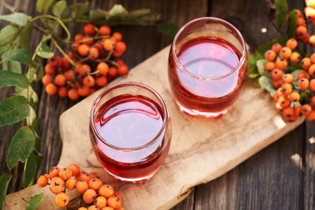 Two shot glasses of herbal syrup made of fresh wild orange rowanberryの写真素材