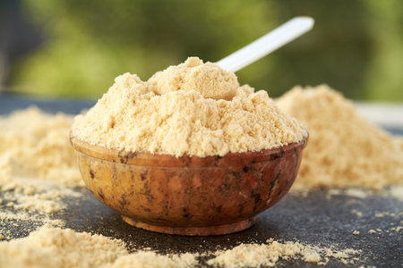 Whey protein powder in a bowl with a plastic measuring scoop outdoorsの写真素材
