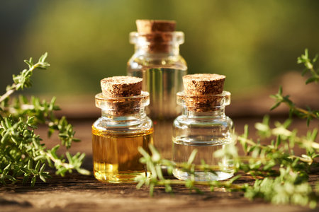 Three bottles of aromatherapy essential oil with fresh thyme twigs outdoors