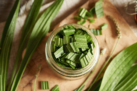 Preparation of ribwort plantain syrup for cough from fresh leaves in a glass jar, top view