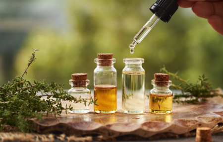 Dropping aromatherapy essential oil from a pipette into a glass bottle outdoors in natureの写真素材