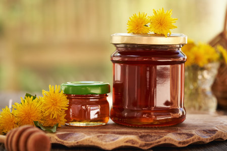 Two jars of dandelion honey or syrup on a table outdoors, with copy spaceの写真素材