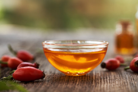 A bowl of rosehip seed oil with fresh rosehips on a table outdoorsの写真素材