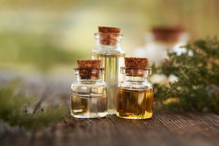Three transparent glass bottles of aromatherapy essential oil with fresh thyme outdoorsの写真素材