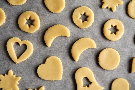 Shapes made of raw pastry dough on a baking sheet - preparation of homemade Linzer Christmas cookies