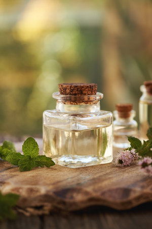A square bottle of aromatherapy essential oil with fresh peppermint flowers and leaves outdoorsの写真素材