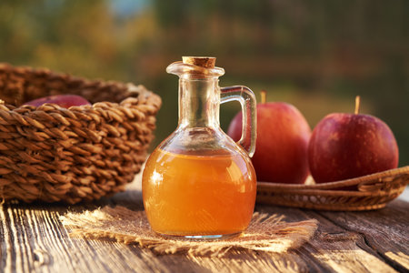 A bottle of unfiltered apple cider vinegar on a table outdoorsの写真素材