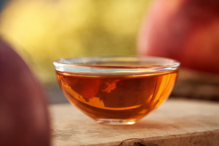 A bowl of apple cider vinegar with fresh red apples on a table