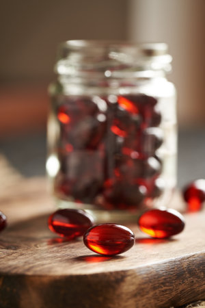 Red krill oil pills or globules on a wooden table and in a glass jarの写真素材