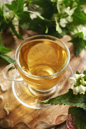 A glass cup of herbal tea with fresh white dead-nettle flowers and leavesの写真素材