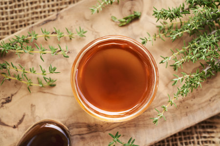 Thyme syrup in a glass bowl, top viewの写真素材