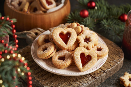 Sweet Linzer Christmas cookies filled with strawberry marmalade on a plate with spruce tree branchesの写真素材