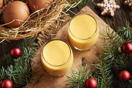 Two shot glasses of Eiecognac with fresh eggs and Christmas decoration on a tableの写真素材