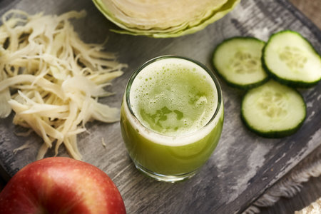 A shot glass of green cabbage and cucumber juice with fresh red applesの写真素材