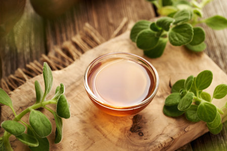 A bowl of Plectranthus or Coleus amboinicus syrup for common cold with fresh leavesの写真素材