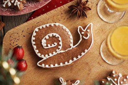 Snail shaped gingerbread Christmas cookie with two glasses of eggnog on a wooden table, top viewの写真素材