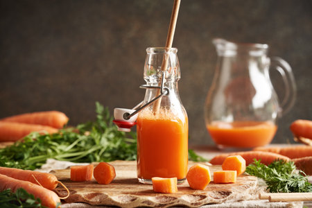 A bottle of fresh carrot juice with recyclable paper straw. Zero waste.の写真素材