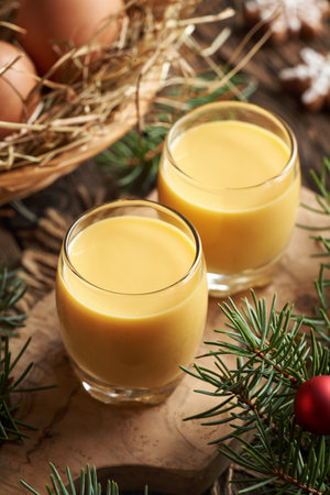 Two shot glasses of Eiecognac with fresh eggs and Christmas decorationの写真素材