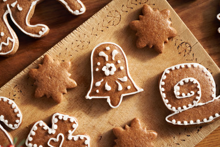 Homemade gingerbread Christmas cookie decorated with white icing, top viewの写真素材