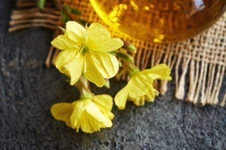 Evening primrose oil and flowers, closeupの写真素材