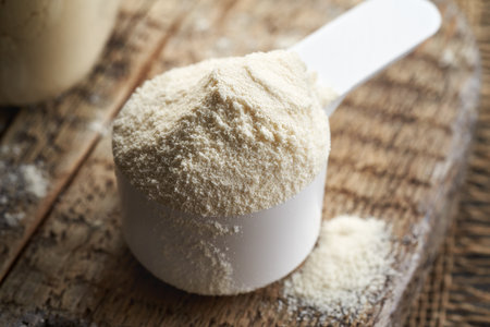 Whey protein powder in a white measuring cupの写真素材