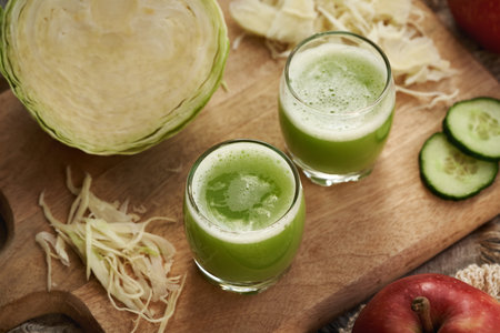 Two glass cups of green cabbage and cucumber juiceの写真素材