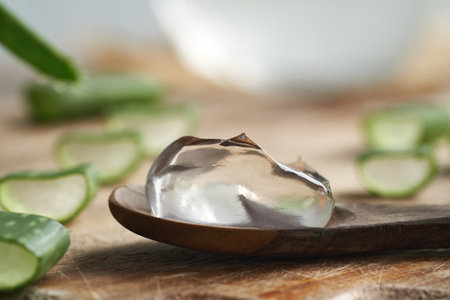 Aloe vera gel on a wooden spoon with fresh sliced leaves, close upの写真素材