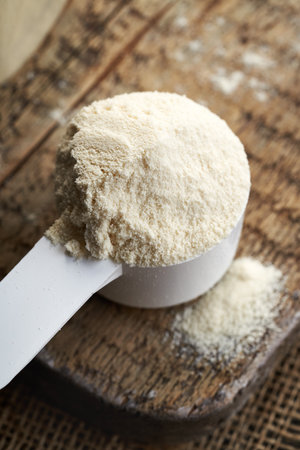 Whey protein powder in a plastic measuring cup. Healthy nutritional supplement.の写真素材