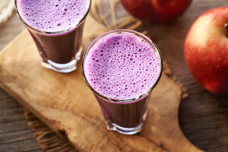 Homemade purple cabbage juice with fresh red apples on a tableの写真素材