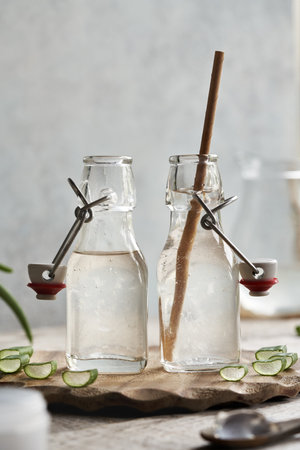 Two bottles of natural aloe vera juice with fresh leaf with recyclable paper straw. Zero waste.の写真素材