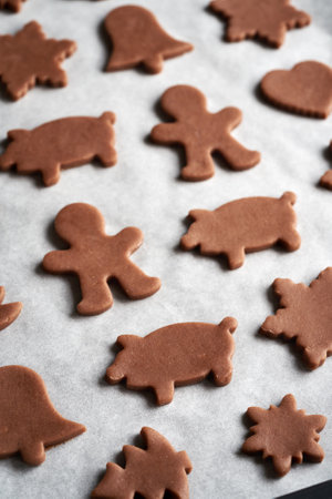 Animal and other shapes cut out from raw pastry dough on a sheet of baking paper - preparation of gingerbread Christmas cookiesの写真素材
