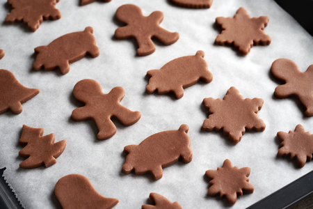 Shapes cut out from raw pastry dough on a baking sheet - preparation of homemade gingerbread Christmas cookiesの写真素材
