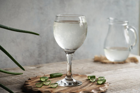 A glass and jug of natural aloe vera juice with fresh green leavesの写真素材