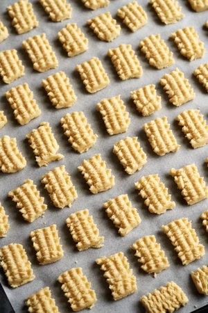 Raw sweet homemade Christmas cookies on a baking sheetの写真素材