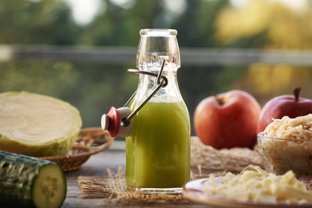 A bottle of green cabbage and cucumber juice with fresh red apples and sauerkrautの写真素材