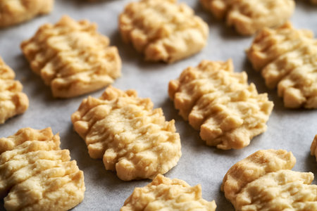 Freshly baked homemade Christmas cookies on a baking sheet, close upの写真素材