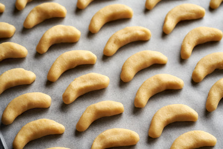 Raw sweet pastry dough rolls on a baking sheet - preparation of homemade vanilla crescents or Kipferl, traditional German Christmas cookiesの写真素材