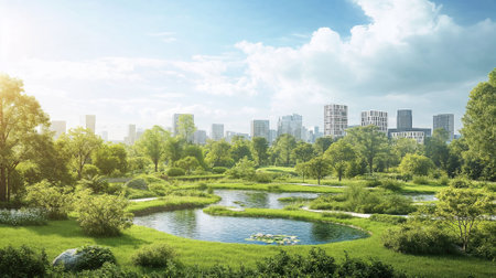 Green trees in a big city park, with corporate office buildings and towers in the backgroundの素材
