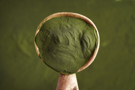 Green chlorella algae powder on a wooden spoon - healthy nutritional supplement