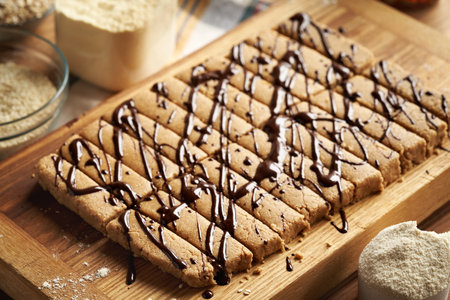 Homemade snack bars made with whey protein powder, ground oat flakes, sesame tahini and maple syrup, decorated with chocolateの写真素材