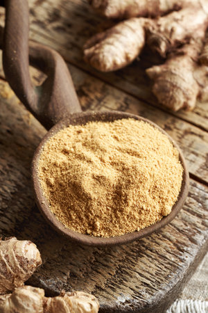 Ground ginger powder on a spoon with fresh ginger root