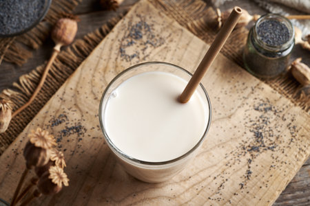 Vegan poppy seed milk in a glass cup with ecological bamboo strawの写真素材