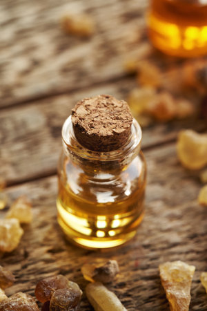 A bottle of aromatherapy essential oil with frankincense resinの写真素材