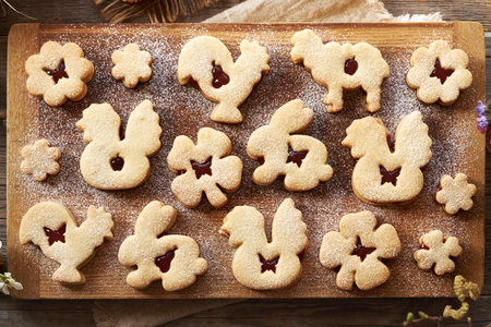 Homemade cookies in the shape of Easter bunnies filled with strawberry marmalade and dusted with...