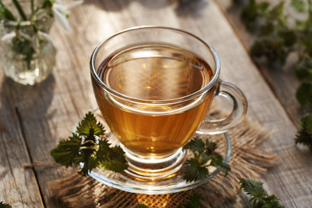 Nettle tea in a glass cup in early springの写真素材