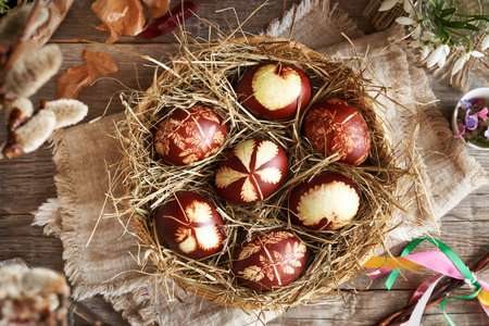 Brown Easter eggs dyed with onion peels in a wicker basket with spring flowers, top viewの写真素材