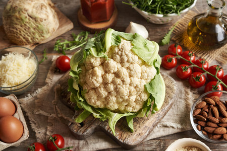 Ingredients for homemade gluten-free pizza - cauliflower, celery root, almond meal, eggs, fresh arugula leaves and tomatoesの写真素材