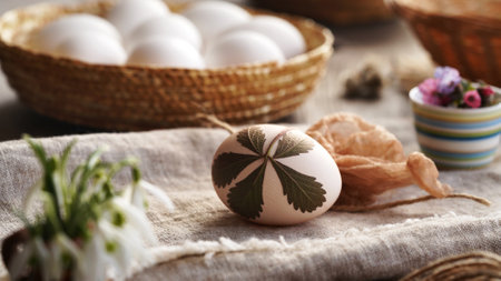 White Easter egg with fresh leaves attached to it with old stockings - preparation for dyeing with onion peelsの写真素材